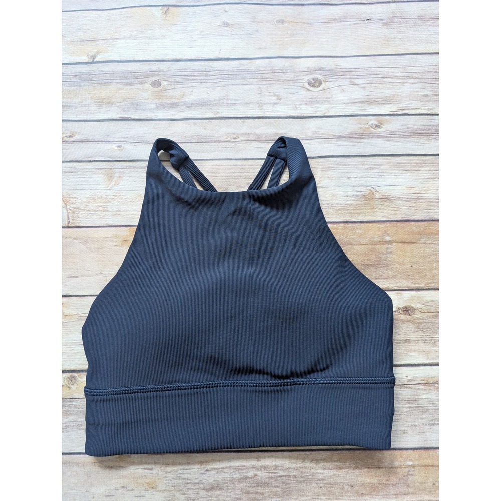 Lululemon Energy High Neck Sports Bra Women 4 Ribbed Black Strappy Yoga Top